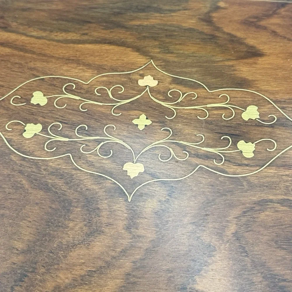 Vintage Wood Jewelry Keepsake Box Brass Inlay Locking - 2 Keys Felt Lined, 12x8